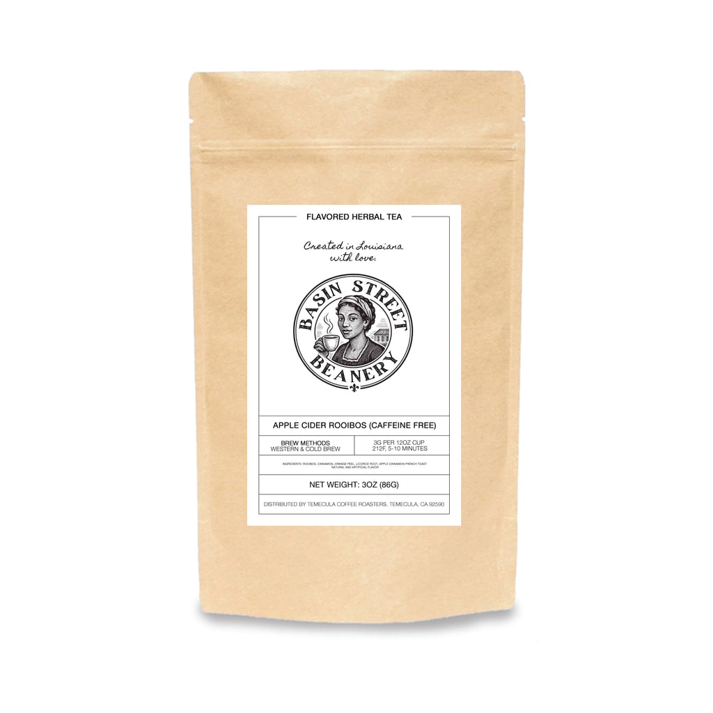 Tea package with 'Basin Street' branding on a white background