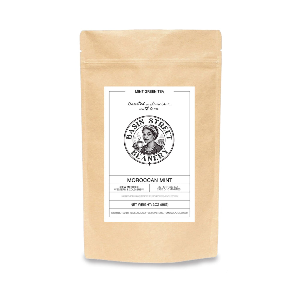 Basin Street Roaster tea package with a white label on a white background
