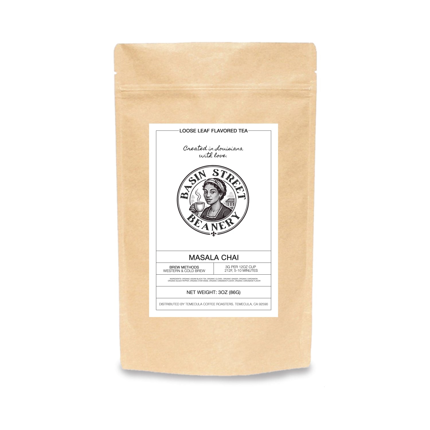 Basin Street Bearer Masala Chai tea package on a white background