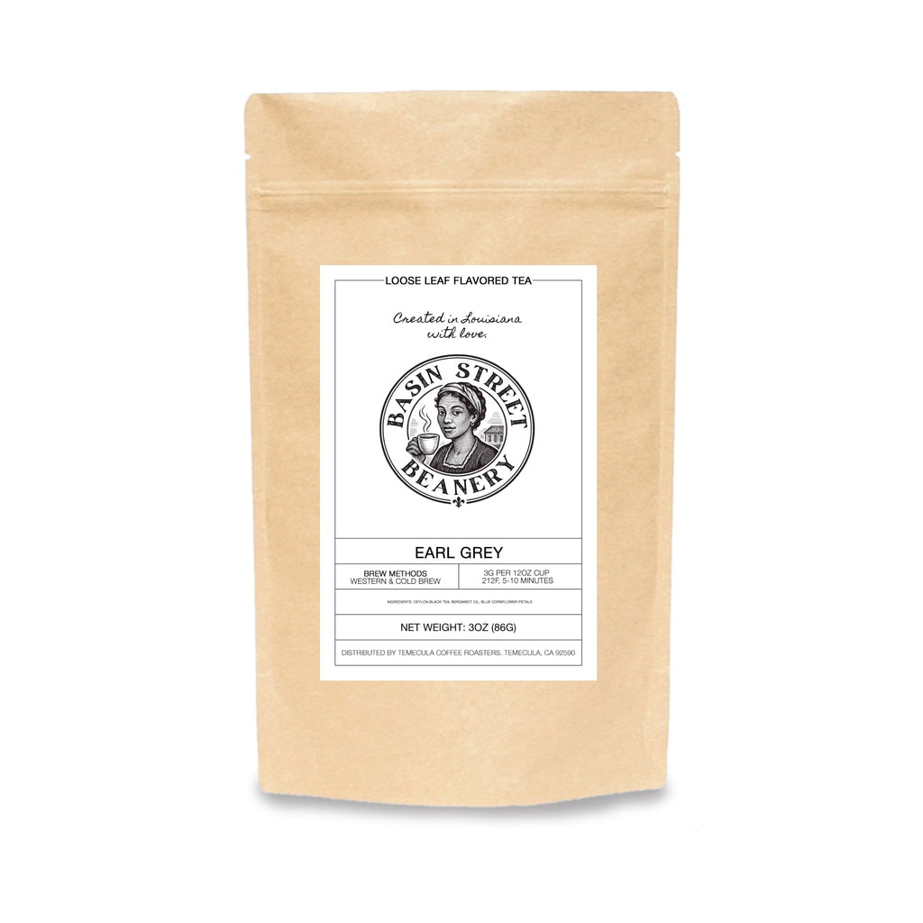 Tea package with 'Basin Street Beanery' branding on a white background
