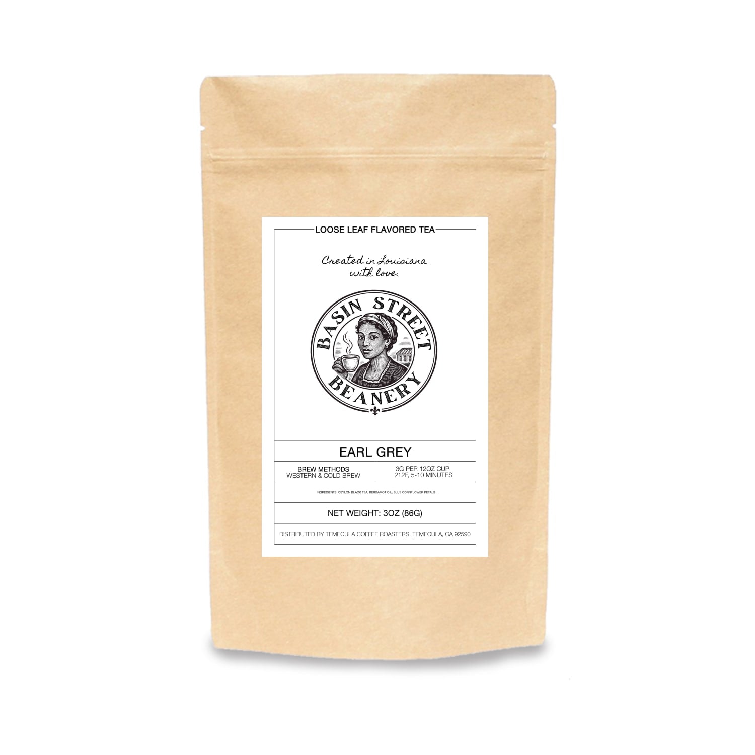 Tea package with 'Basin Street Beanery' branding on a white background