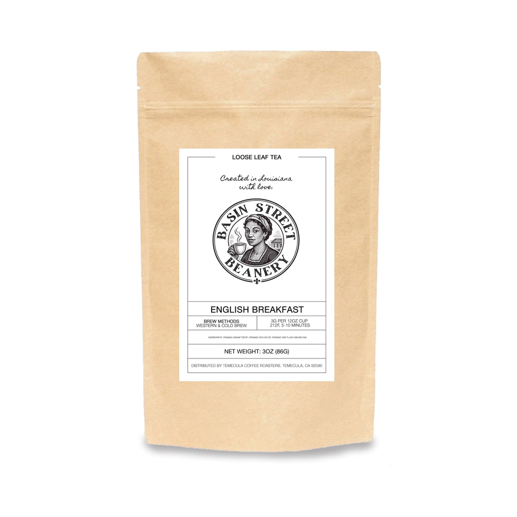 Tea bag packaging with 'Basin Street' branding on a white background