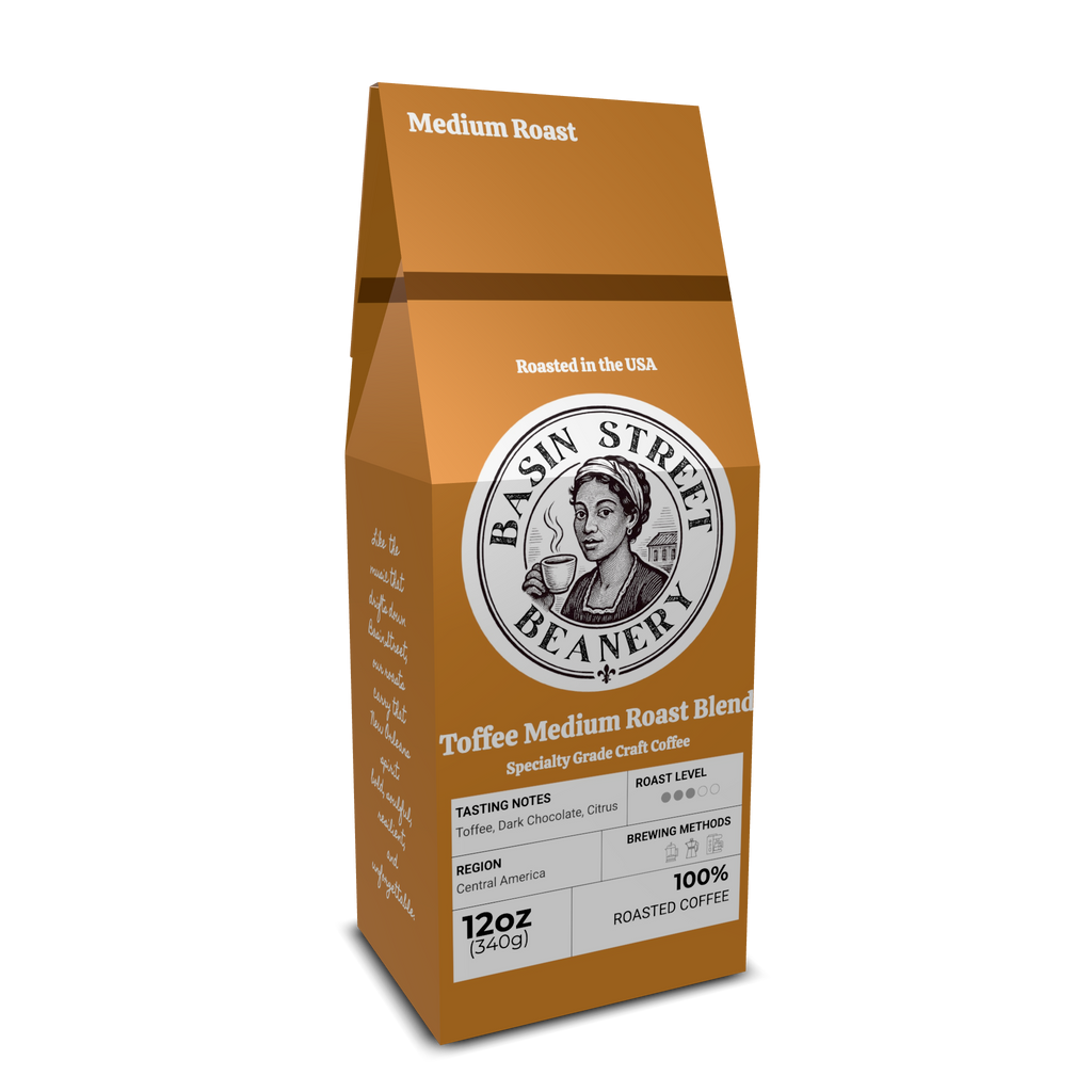 Basin Street Beanery coffee bag on a white background