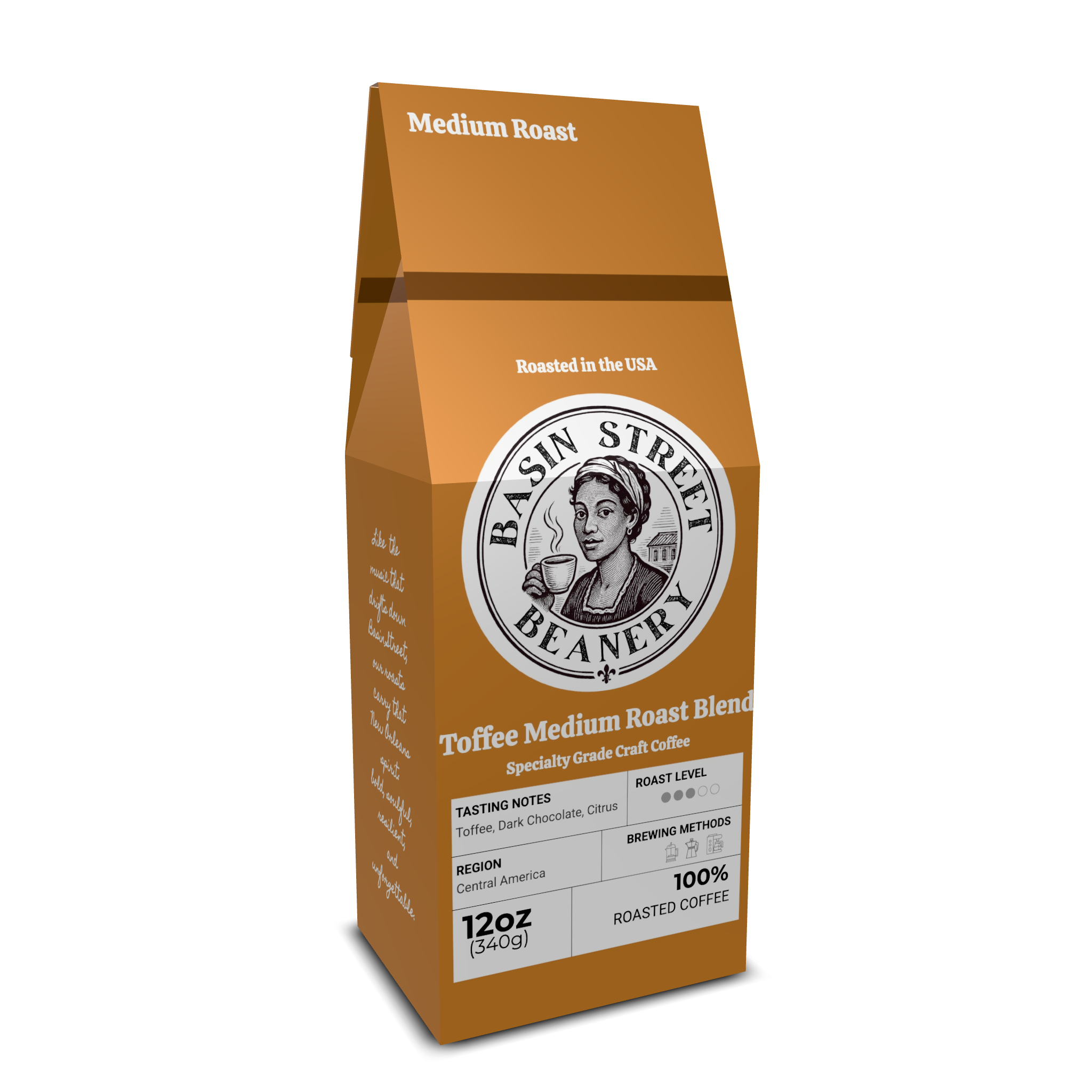 Basin Street Beanery coffee bag on a white background