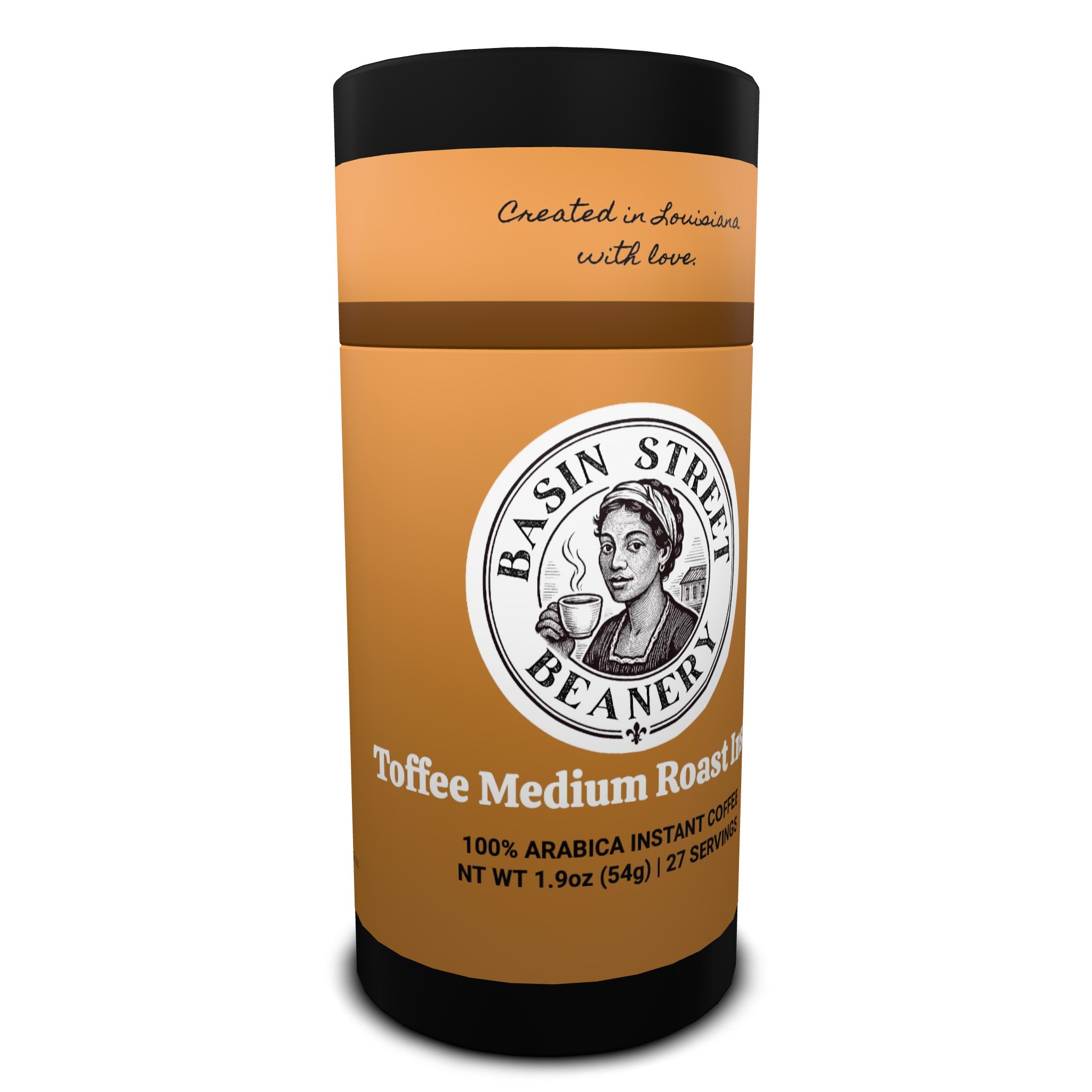 Basin Street Beanery Toffee Medium Roast instant coffee canister on a white background