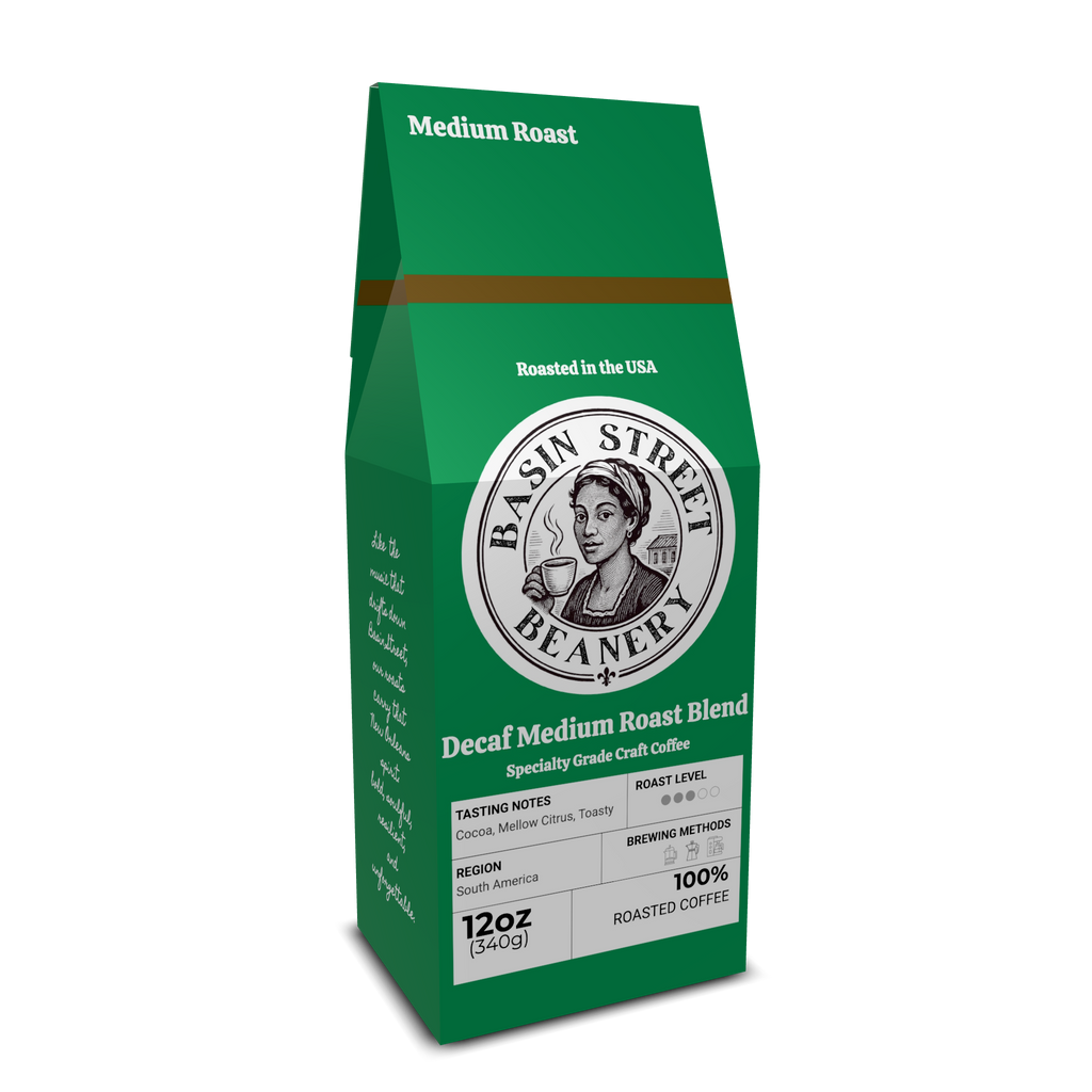 Green coffee bag from Basin Street Beanery on a white background